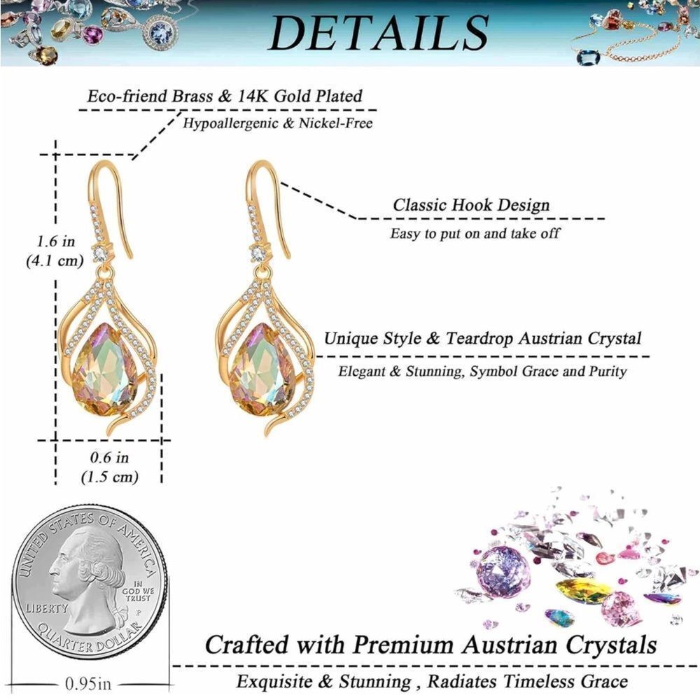 14K Yellow Gold Champagne Topaz AB Austrian Crystal Twisted Teardrop Earrings - Picture 5 of 5